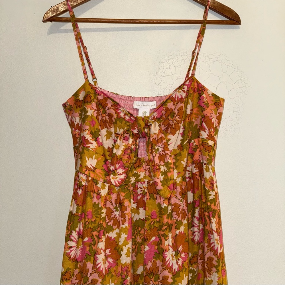 House of Harlow Bow Tie Front Linen Blend Tiered Maxi Dress in Mustard-Pink sz M - Picture 3 of 10